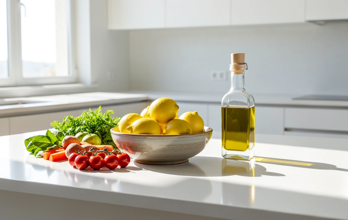 Frische gesunde Lebensmittel auf einer Arbeitsfläche